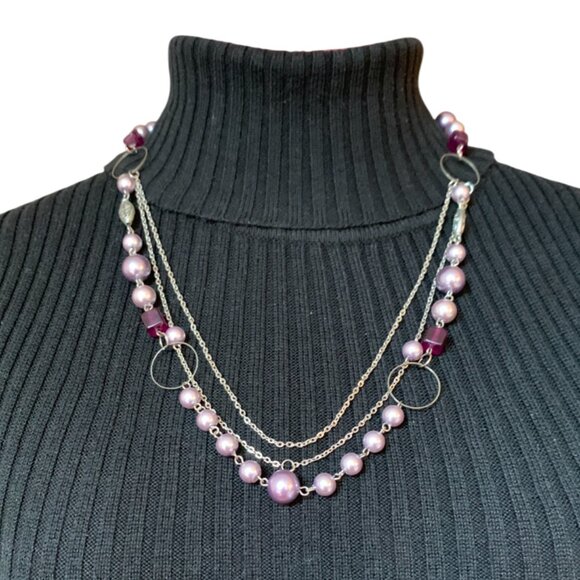 ๐ CREATION - 3 layers necklace - Purple & violet pearl - silver chains - Picture 8 of 10